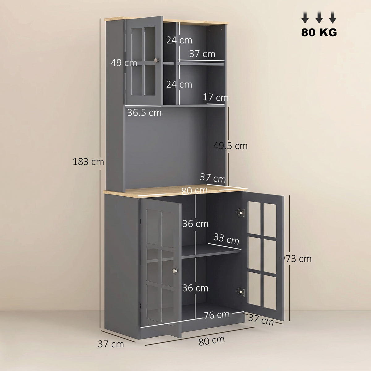 HOMCOM Kitchen Pantry, Buffet Hutch with 3 Storage Cabinets, 2 Open Shelves and Large Countertop for Kitchen, Grey