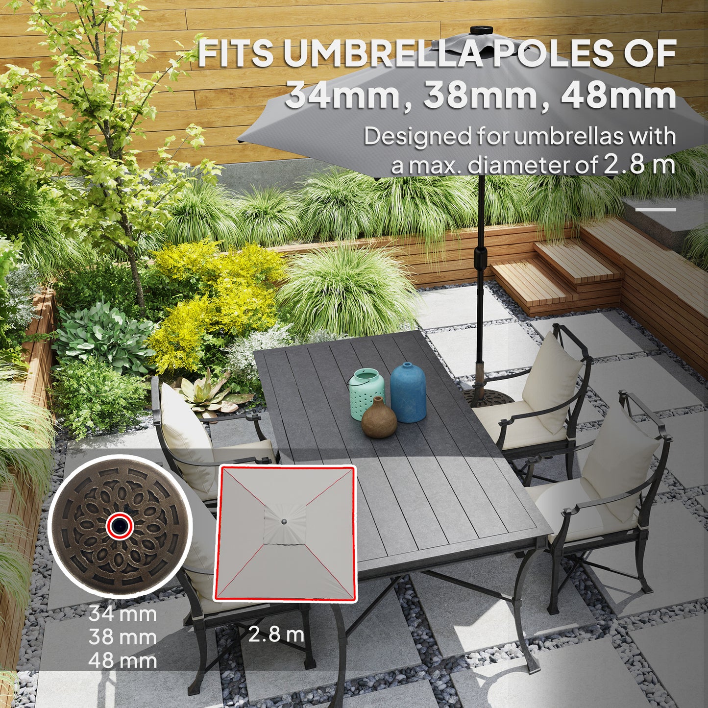 Outsunny 21kg Resin Garden Parasol Base with Wheels, Round Umbrella Stand, Heavy Duty Sun Umbrella Base for 34, 38, 48 mm Umbrella Poles for Deck Poolside, Bronze Tone