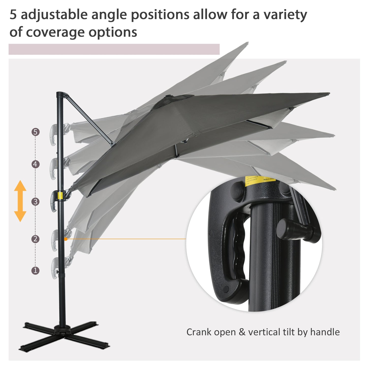 Outsunny 2.5 x 2.5m Patio Offset Parasol Umbrella Cantilever Hanging Aluminium Sun Shade Canopy Shelter 360 Rotation with Crank Handle and Cross Base, Grey