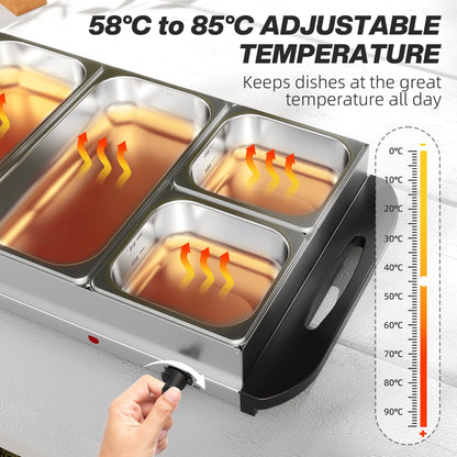 HOMCOM 5 Tray Electric Food Warmer Buffet Server with Warming Plate, Cool Touch Handles, Adjustable Temperature, 300W, 3 x 2.4L and 2 x 1L Pans