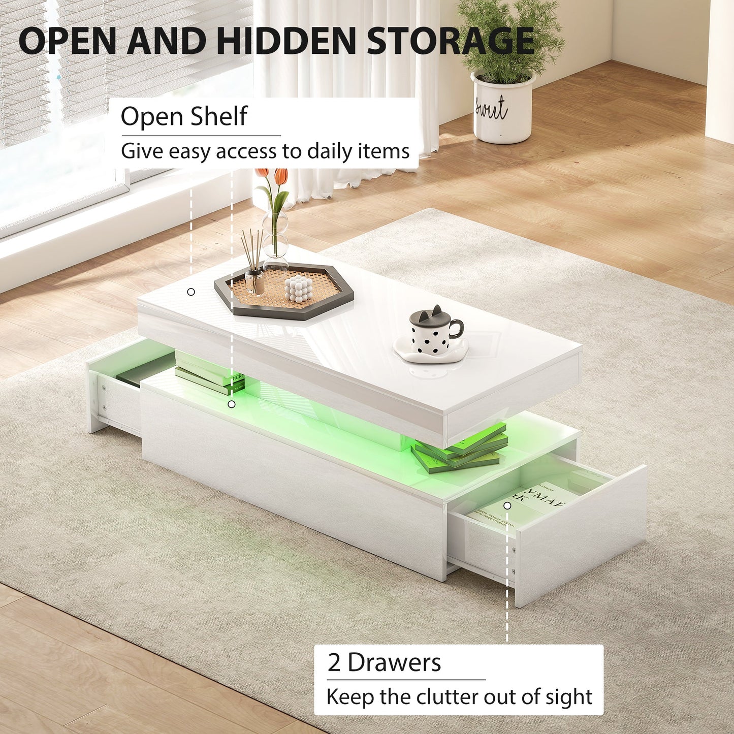 HOMCOM LED Coffee Table with Storage - High Gloss White