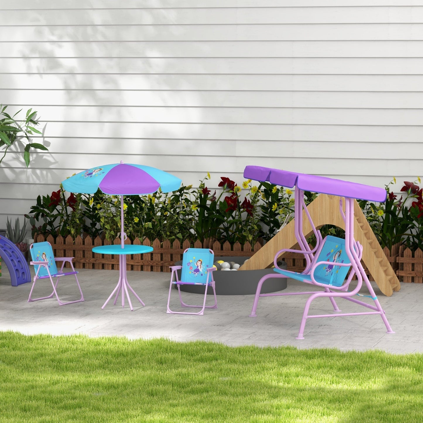 4 Piece Kids Garden Furniture Set With 2 Seater Garden Swing Chair Adjustable Canopy, Childrens Table & Chair Set For Toddler Girls 3-6 Years Old