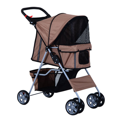 PawHut Dog Pram Pet Stroller Foldable Dog Pushchair with Wheels Zipper Entry Cup Holder Storage Basket Brown