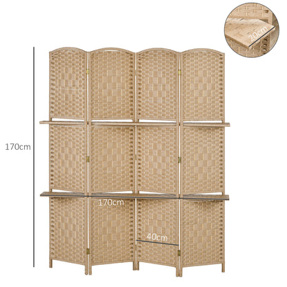 HOMCOM 4-panel room divider screen 160 x 170 cm with 2 shelves, foldable, wood