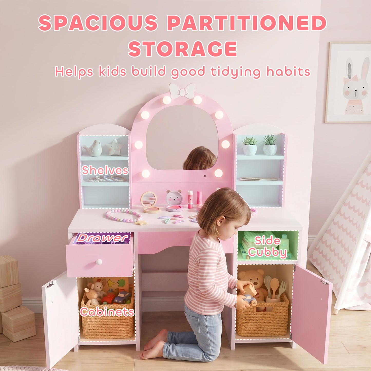 AIYAPLAY Kids Vanity Set, Kids Dressing Table with Stool, 2-Colour Lights Mirror, Cabinet, Drawer and Shelves, Pink