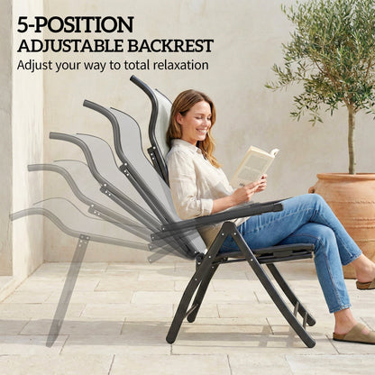 Outsunny Reclining Garden Chairs Set of 2, 5-Position Folding Sun Loungers with High Back, Retractable Footrest, Light Grey