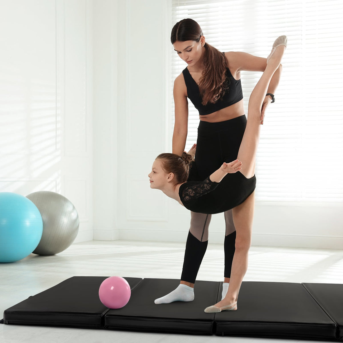 Folding Gymnastics Mat with Carry Handles, Hook and Loop Fasteners-Black