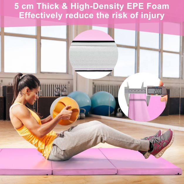 Folding Gymnastics Mat with Carry Handles, Hook and Loop Fasteners-Pink
