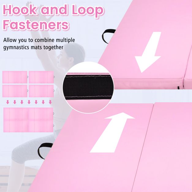 Folding Gymnastics Mat with Carry Handles, Hook and Loop Fasteners-Pink
