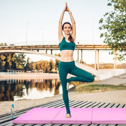 Folding Gymnastics Mat with Carry Handles, Hook and Loop Fasteners-Pink