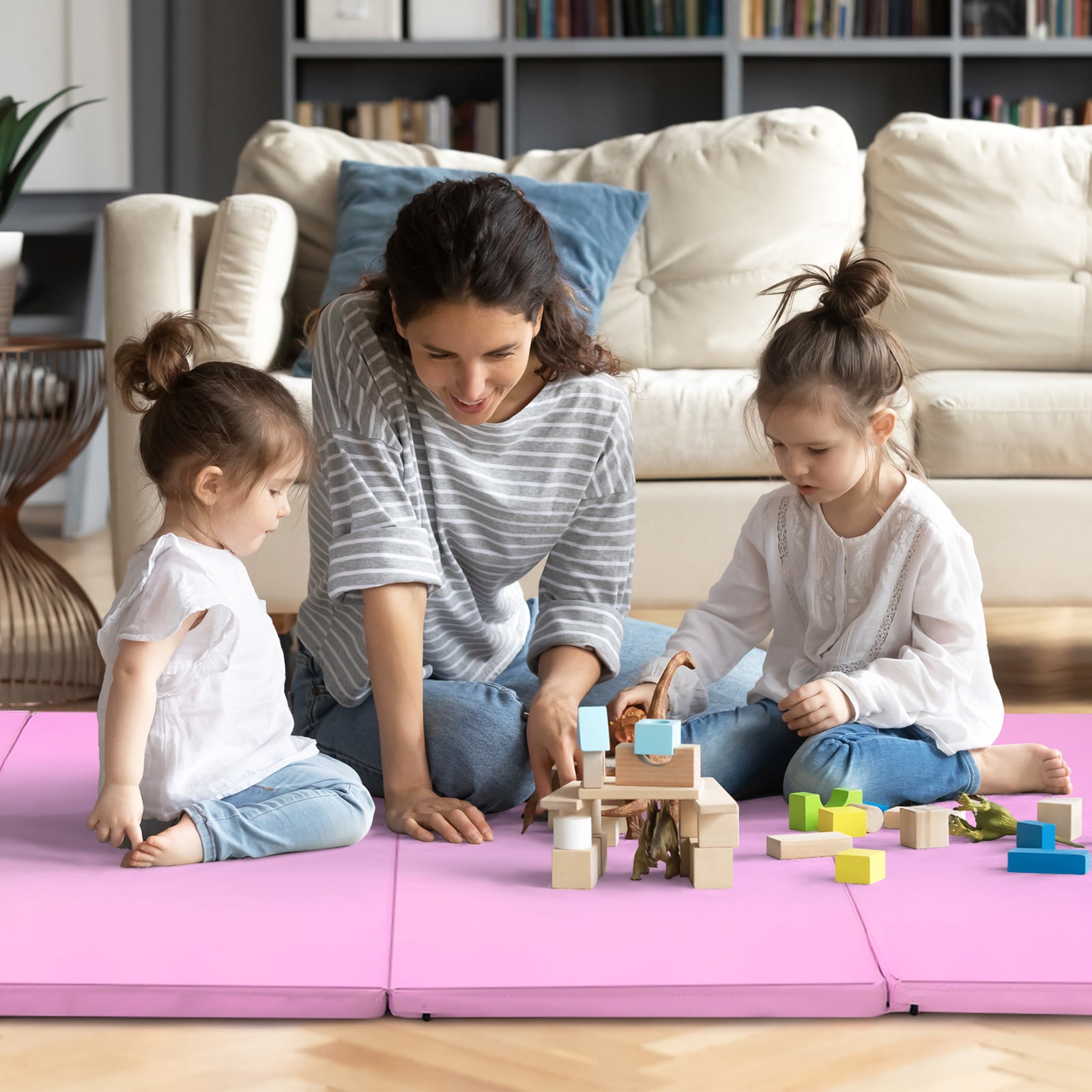 Folding Gymnastics Mat with Carry Handles, Hook and Loop Fasteners-Pink
