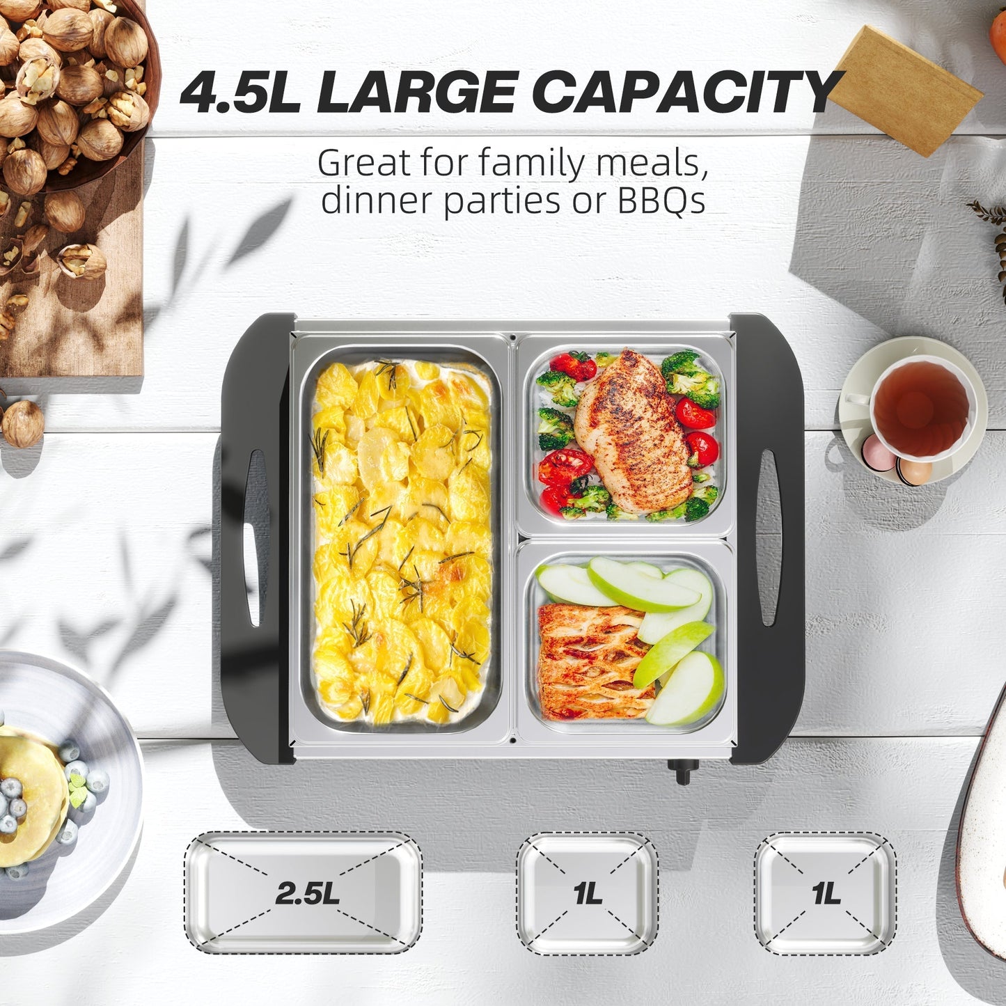 HOMCOM 4.5L Stainless Steel Electric Buffet Server, with 3x Trays and Lids