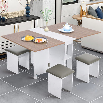 Versatile Expandable Dining Table Set, Drop-Leaf Table with Storage Shelves and Wheels