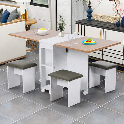 Versatile Expandable Dining Table Set, Drop-Leaf Table with Storage Shelves and Wheels