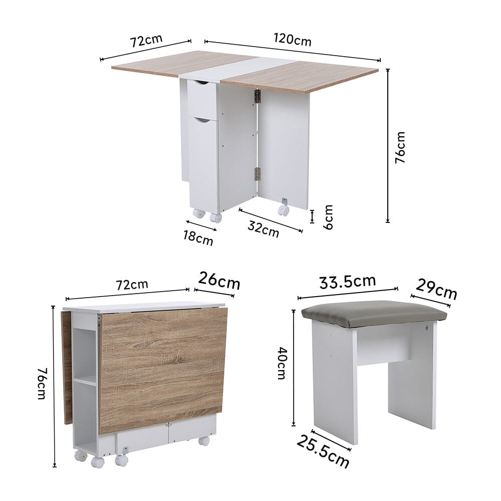 Versatile Expandable Dining Table Set, Drop-Leaf Table with Storage Shelves and Wheels