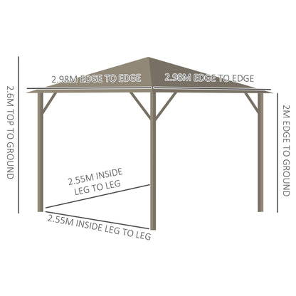 Outsunny 3 x 3 M Garden Lawn Patio Hard Top Metal Roof Gazebo Canopy Shelter With Netting And Curtains Aluminium Frame - Bronze Tone