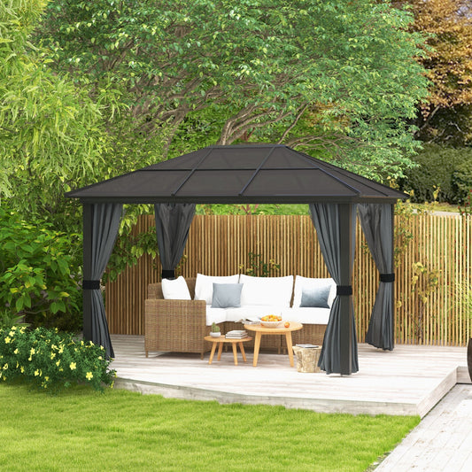 Outsunny 3 x 3,6 m Hardtop Gazebo z dachem z poliwęglanu, aluminiowa rama, stały pawilon ogrodowy z siatką i zasłonami na patio, pokład, ciemnoszary