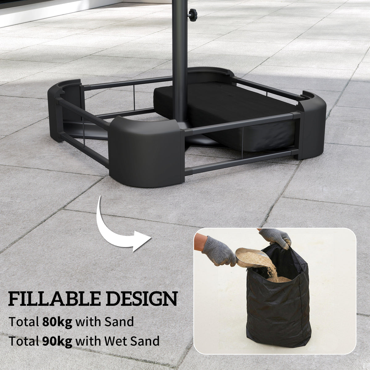 Outsunny Garden Parasol Base 80 kg Sand Filled Heavy Duty Stand for Cantilever Umbrellas and 48 mm Poles Black