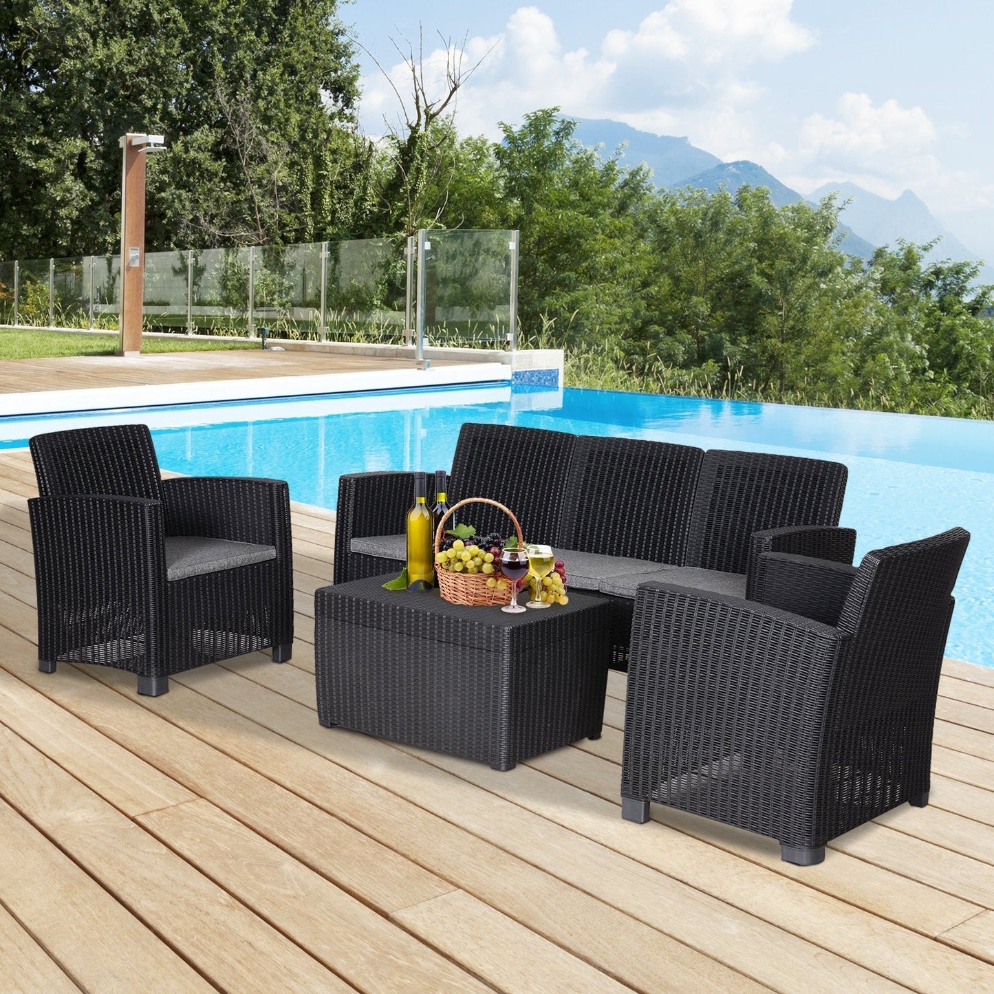 Outsunny 5-Seater Outdoor Garden PP Rattan Effect Furniture Set w/ Cushion Black