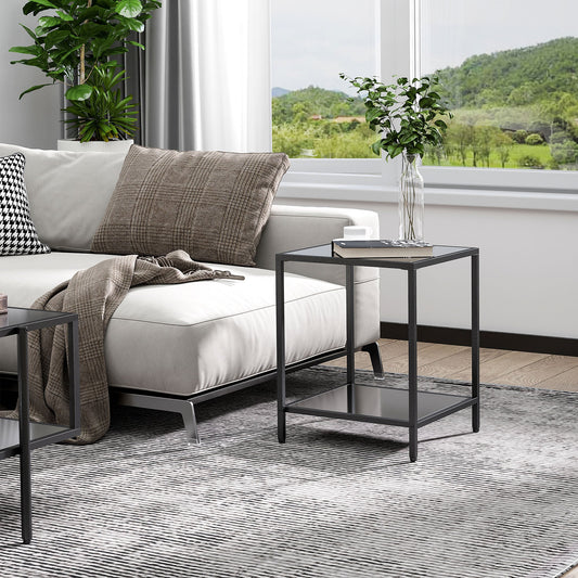 HOMCOM Tempered Glass Side Table with Storage, Modern 2-Tier Bedside Table with Steel Frame, Black