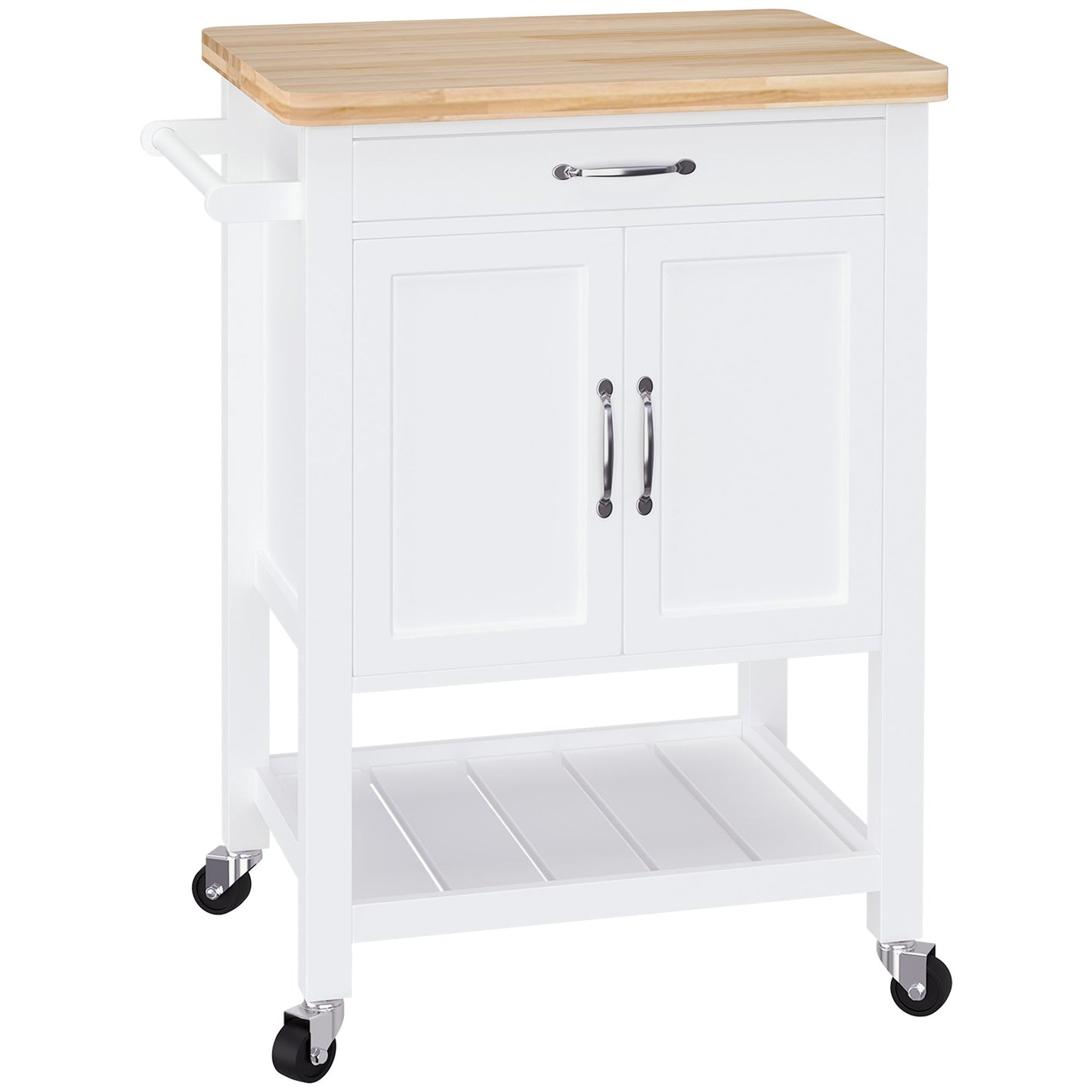 HOMCOM Kitchen Storage Trolley Cart Rolling Wheels Shelves Cupboard W/ Drawer And Towel Rail Rubber Wood Worktop White
