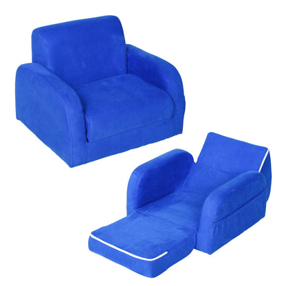 HOMCOM 2 w 1 Fotel dziecięcy Sofa rozkładana z wyściełaną drewnianą ramą sypialniana w kolorze niebieskim