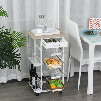 Rolling Kitchen Cart, Utility Storage Cart with 4 Basket Drawers & Side Racks, Wheels for Dining Natural / White