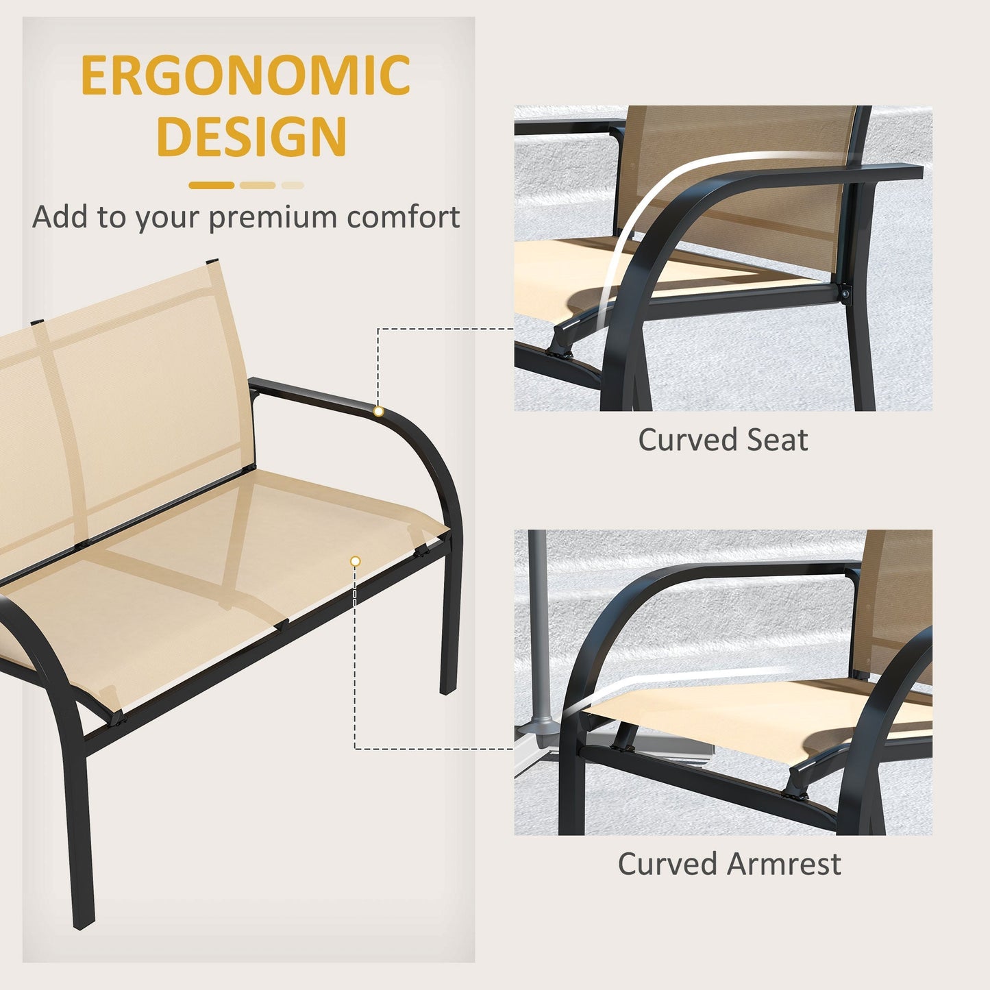 4 Piece Curved Steel Outdoor Furniture Set w/ Loveseat, 2 Texteline Seats, Glass Top Table Garden Balcony Patio Furniture - Beige