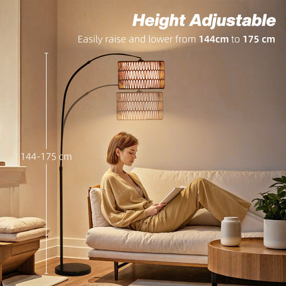 HOMCOM Rattanowa lampa podłogowa do salonu, lampa stojąca Farmhouse Arc z dwuwarstwowym kloszem i przełącznikiem nożnym, regulowana wysokość minimalistycznego klosza na wysokim słupku do sypialni, biura, czarna