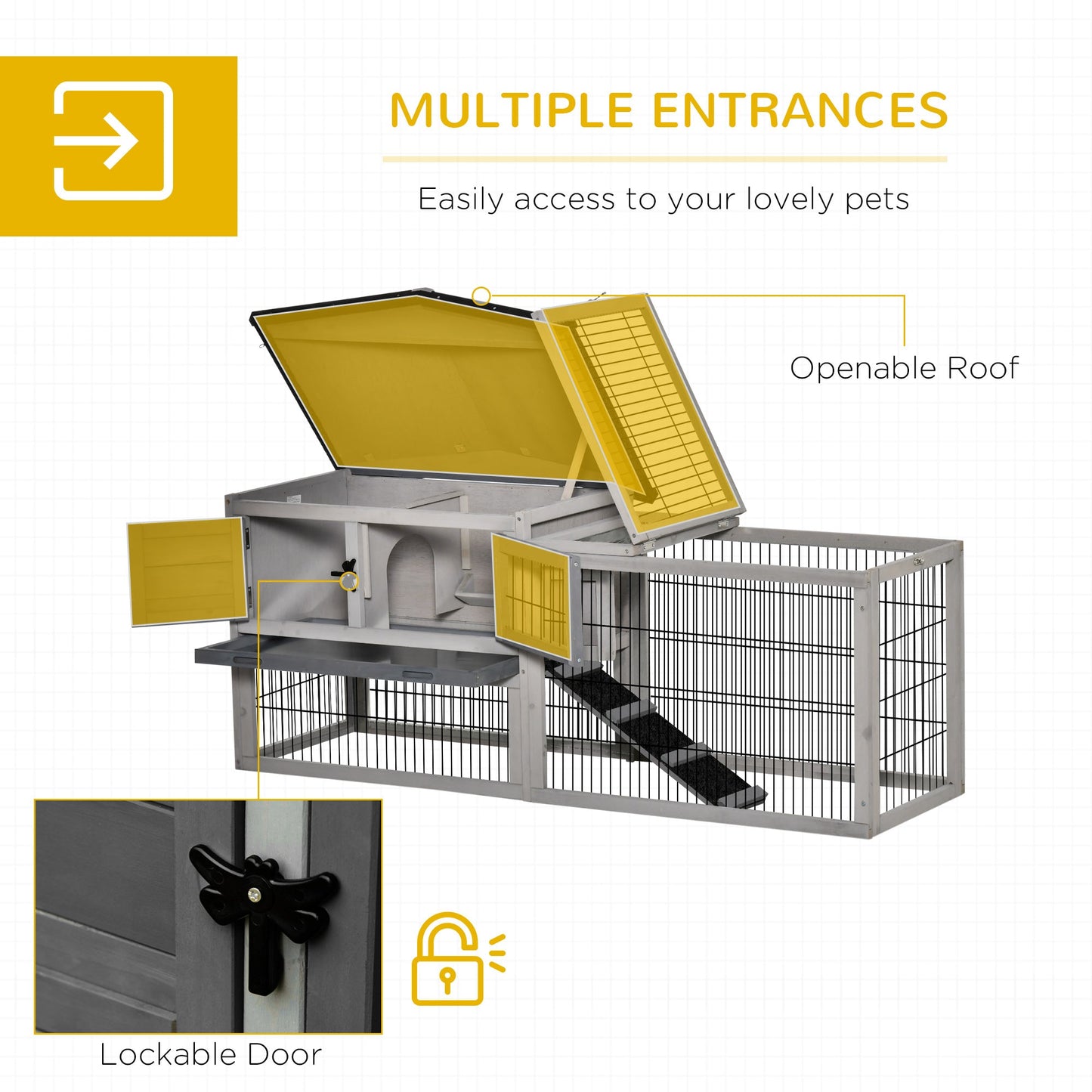 PawHut Rabbit Hutch Outdoor, Wooden Guinea Pig Hutch with Rabbit Run 2 Level Design Water Resistant Openable Roof 150 x 52.5 x 68 cm, Grey