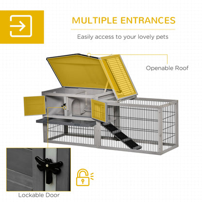 PawHut Rabbit Hutch Outdoor, Wooden Guinea Pig Hutch with Rabbit Run 2 Level Design Water Resistant Openable Roof 150 x 52.5 x 68 cm, Grey