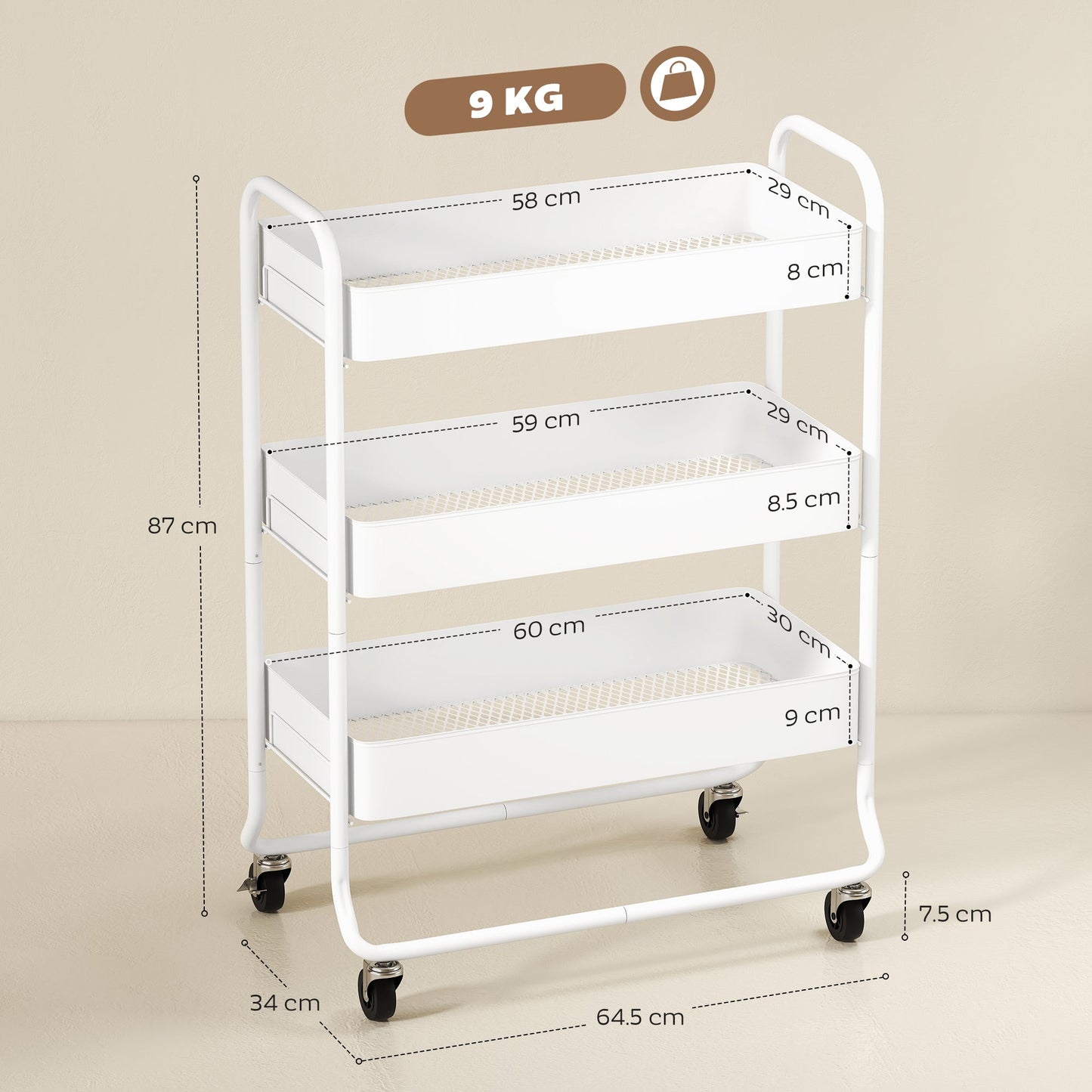 HOMCOM 3-Tier Storage Trolley on Wheels, Rolling Utility Cart with Mesh Backets for Kitchen, Bathroom, Bedroom, White