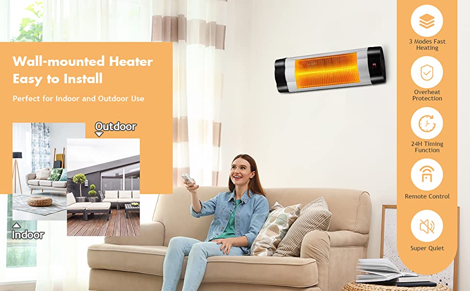 1500W Electric Wall Mounted Heater with Remote Control for Garden Patio