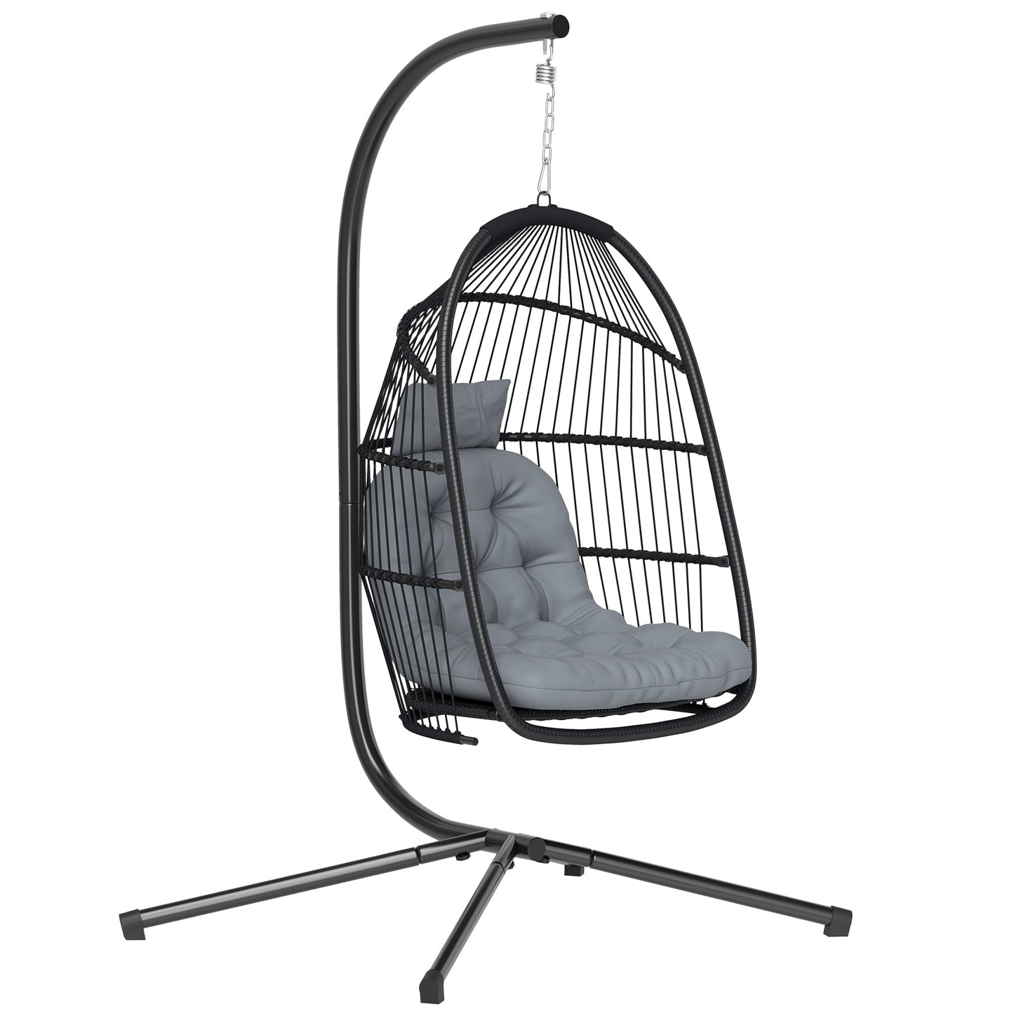 Outsunny Rattan Hanging Egg Chair with Stand, Foldable Wicker Swing Egg Chair with Cushion, Head Pillow, Steel Frame, Hammock Chair for Indoor Outdoor, Capacity 150 kg, Dark Grey