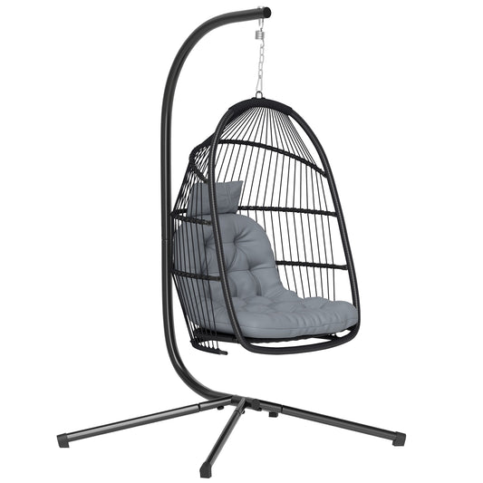Outsunny Rattan Hanging Egg Chair with Stand, Foldable Wicker Swing Egg Chair with Cushion, Head Pillow, Steel Frame, Hammock Chair for Indoor Outdoor, Capacity 150 kg, Dark Grey