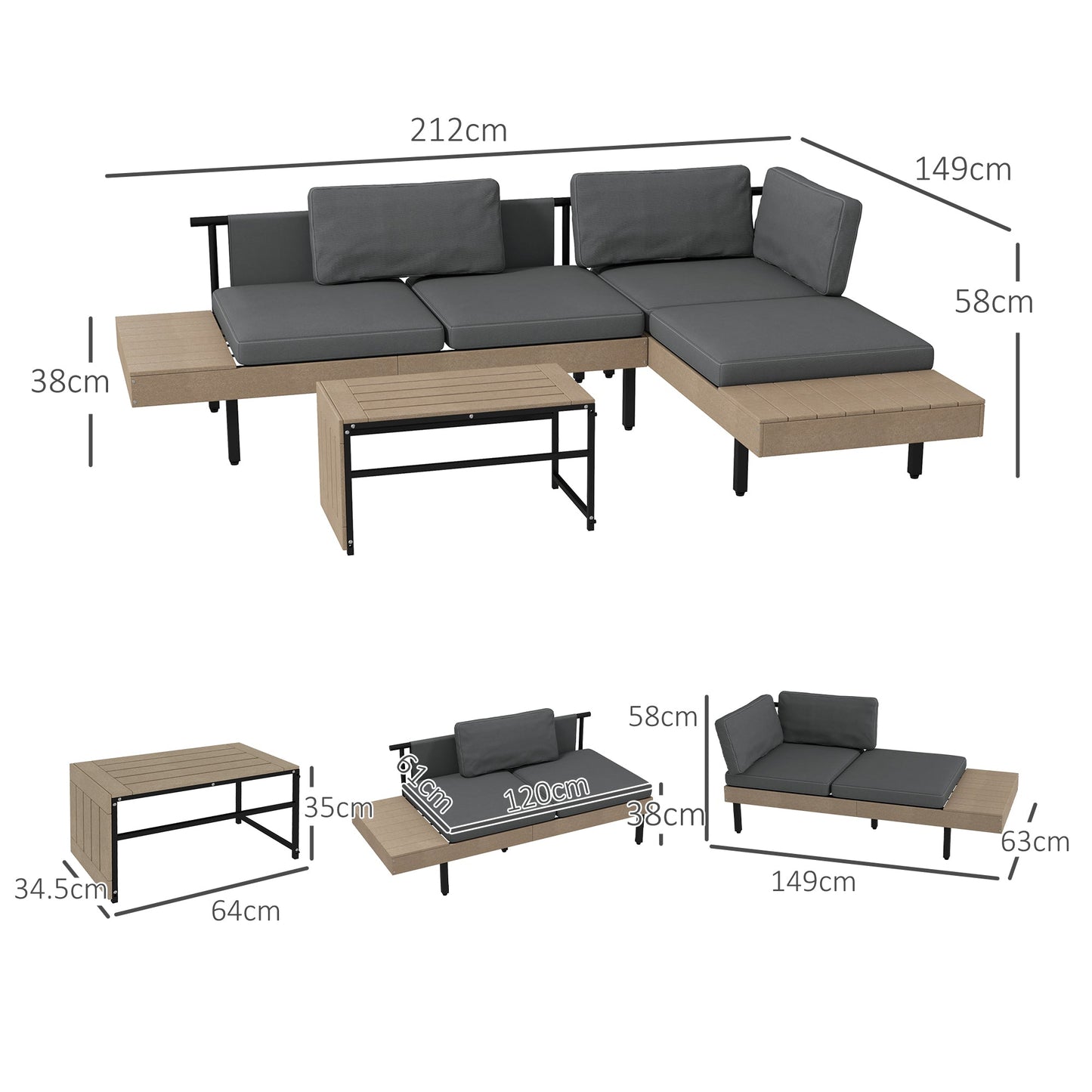 Outsunny Three-Piece 'L' Garden Sofa Set - Grey