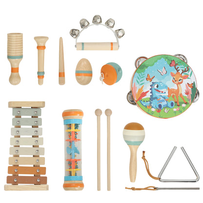AIYAPLAY Kids Drum Kit, 14 Pieces Wooden Kids Musical Instruments Set with Tone Block, Maracas, Triangle, Xylophone for Toddlers