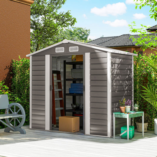 Outsunny 7 x 4ft Garden Shed, łatwy w montażu, ulepszona ocynkowana stalowa rama z zestawem fundamentowym, podwójne drzwi z zamkiem, metalowa szopa zewnętrzna z otworami wentylacyjnymi i rękawicami, ogrodowa szopa magazynowa, jasnoszary