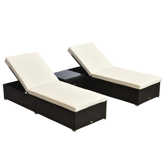 Outsunny 3PC Rattan Sun Lounger Garden Outdoor Wicker Recliner Bed Side Table Set  Patio Furniture Dark Coffee