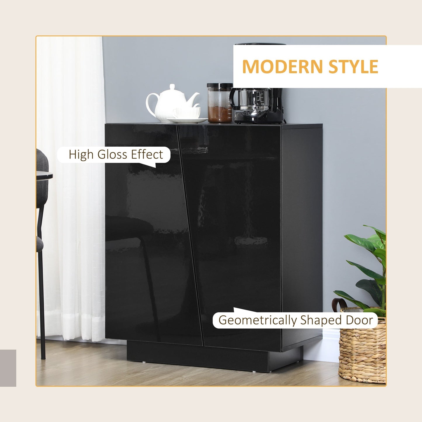 Freestanding Storage Cabinet for Bedroom, Wooden Sideboard, High Gloss Storage Cupboard with Adjustable Shelves, Black