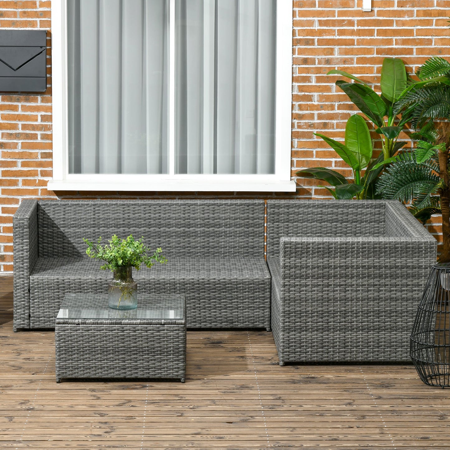 Outsunny 3 Pieces Rattan Garden Furniture 4 Seater Outdoor Patio Corner Sofa Chair Set with Coffee Table Thick Cushions Grey