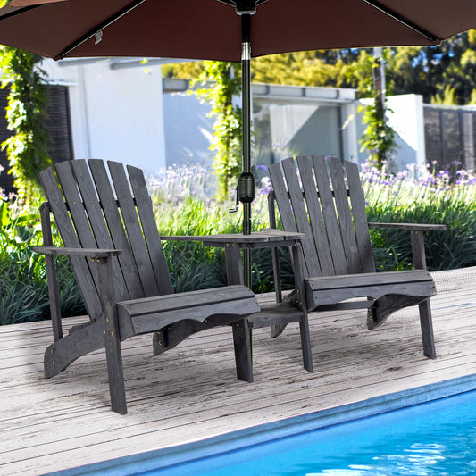 Outsunny Drewniane Podwójne Krzesła Adirondack Zewnętrzne Sofa Dwuosobowa ze Stolikiem Centralnym i Otworem na Parasol, Meble Ogrodowe Patio do Wypoczynku i Relaksu, Ciemnoszary