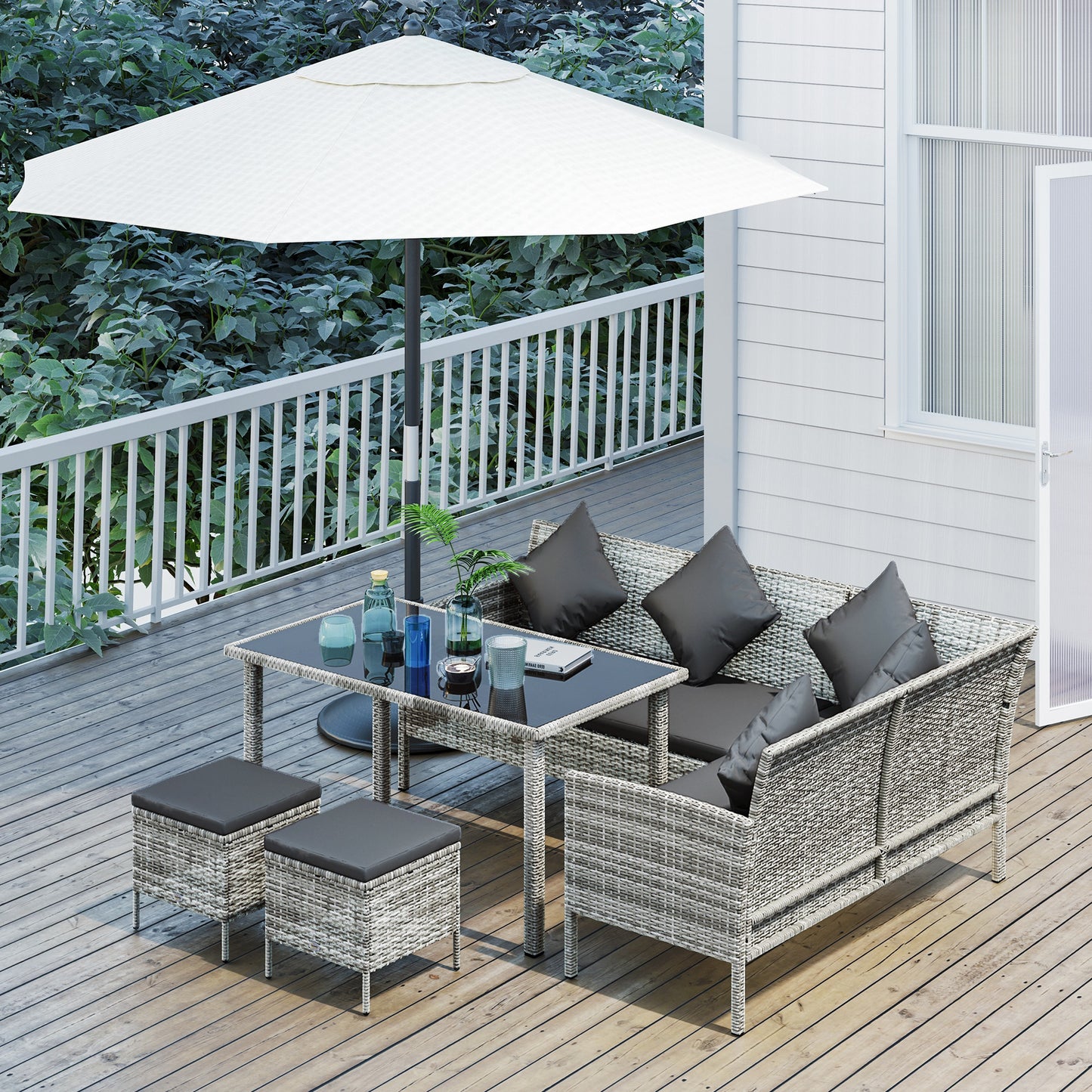 Outsunny tsunny 6-osobowy zestaw jadalny z rattanu, sofa, stół, podnóżek, meble ogrodowe, ciemnoszary