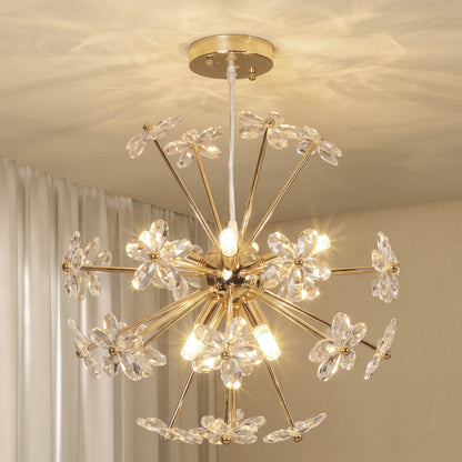 HOMCOM Crystal Chandeliers Ceiling Light with Flower, Modern Pendant Light with Adjustable Height, Ceiling Plate, Clear