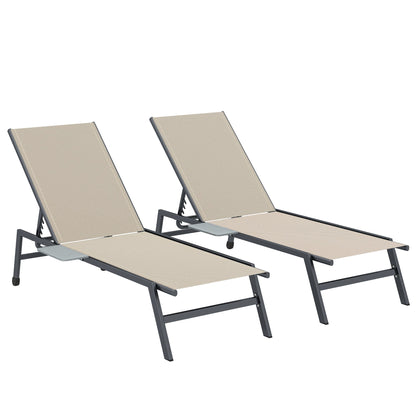 Outsunny Sun Loungers Set of 2 with Side Tray Table, Garden Recliners with 5-Position Adjustable Backrest, 2 Wheels, Khaki