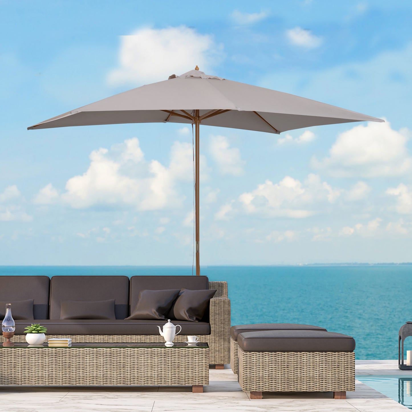 Outsunny 2 x 3m Drewniany Parasol Ogrodowy Zewnętrzny Baldachim Przeciwsłoneczny, Parasol Stołowy z Otworami, Słup 38 mm, Mechanizm Linowy, Jasnoszary