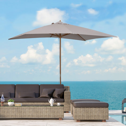 Outsunny 2 x 3m Wooden Garden Parasol Umbrella Outdoor Sun Shade Canopy, Table Market Umbrella with Vent, 38 mm Pole, Rope Pulley Mechanism, Light Grey