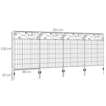سياج زخرفي للحديقة من Outsunny، 4 قطع من ألواح سياج خارجية مقاس 43 بوصة × 11.5 قدم، سلك معدني مقاوم للصدأ، حافة حديقة زهور، حاجز للحيوانات، أسود