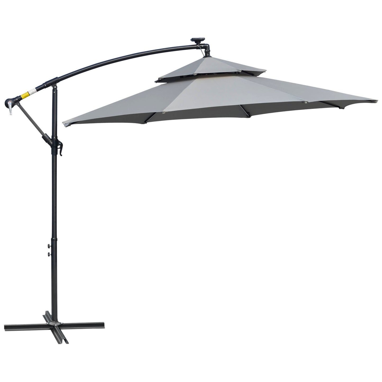 3(m) Cantilever Banana Parasol Hanging Umbrella W/ Double Roof, LED Solar lights, Crank, 8 Sturdy Ribs and Cross Base For Garden, Patio, Light Grey