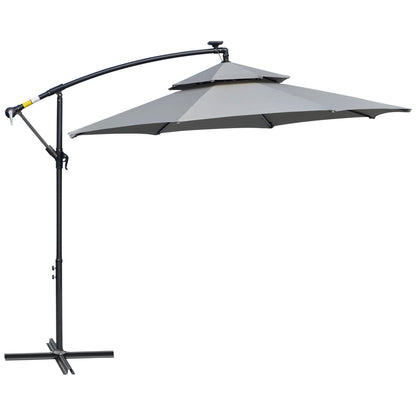 3(m) Cantilever Banana Parasol Hanging Umbrella W/ Double Roof, LED Solar lights, Crank, 8 Sturdy Ribs and Cross Base For Garden, Patio, Light Grey